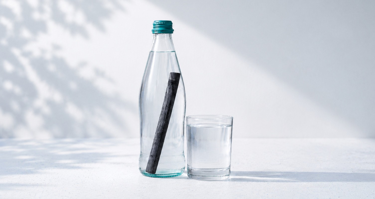 Bamboo charcoal sticks beside a carafe of clear water in cool blue light