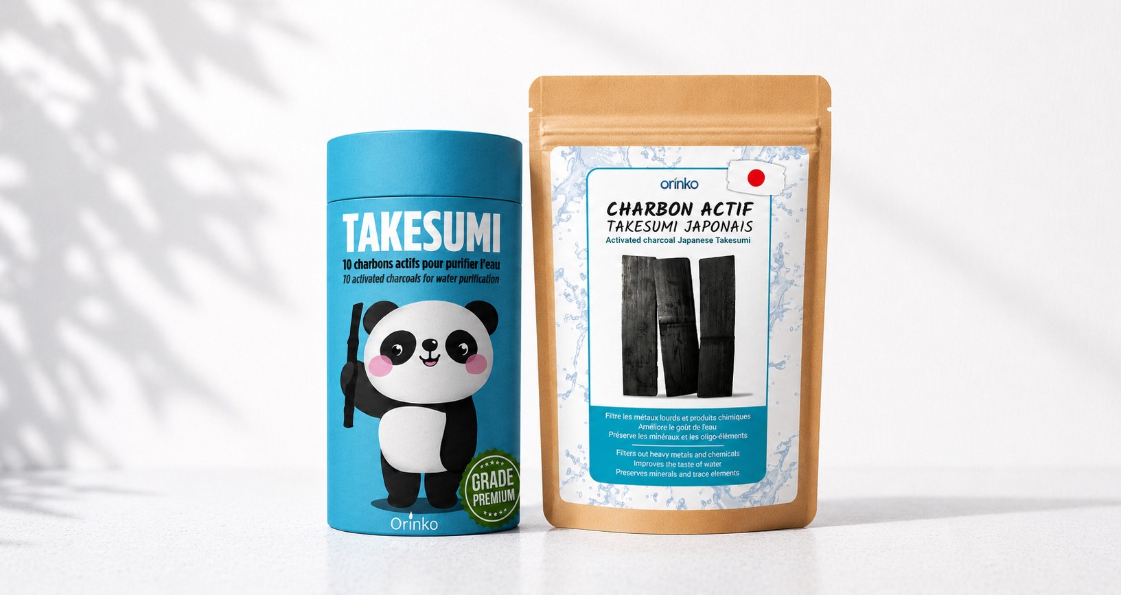 A custom-branded bamboo charcoal box and sachet with a printed label, ready for a retailer's own brand